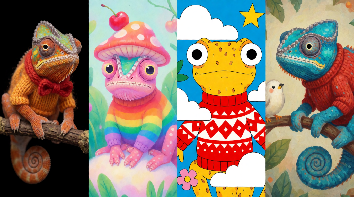 A row of four wildly different high-quality interpretations of the prompt "a chameleon wearing a sweater": one cozy knit-photoreal, one surreal pastel, one bold pop-art, one painterly storybook. Vivid colors, clearly distinct concepts, clean spacing, editorial presentation.