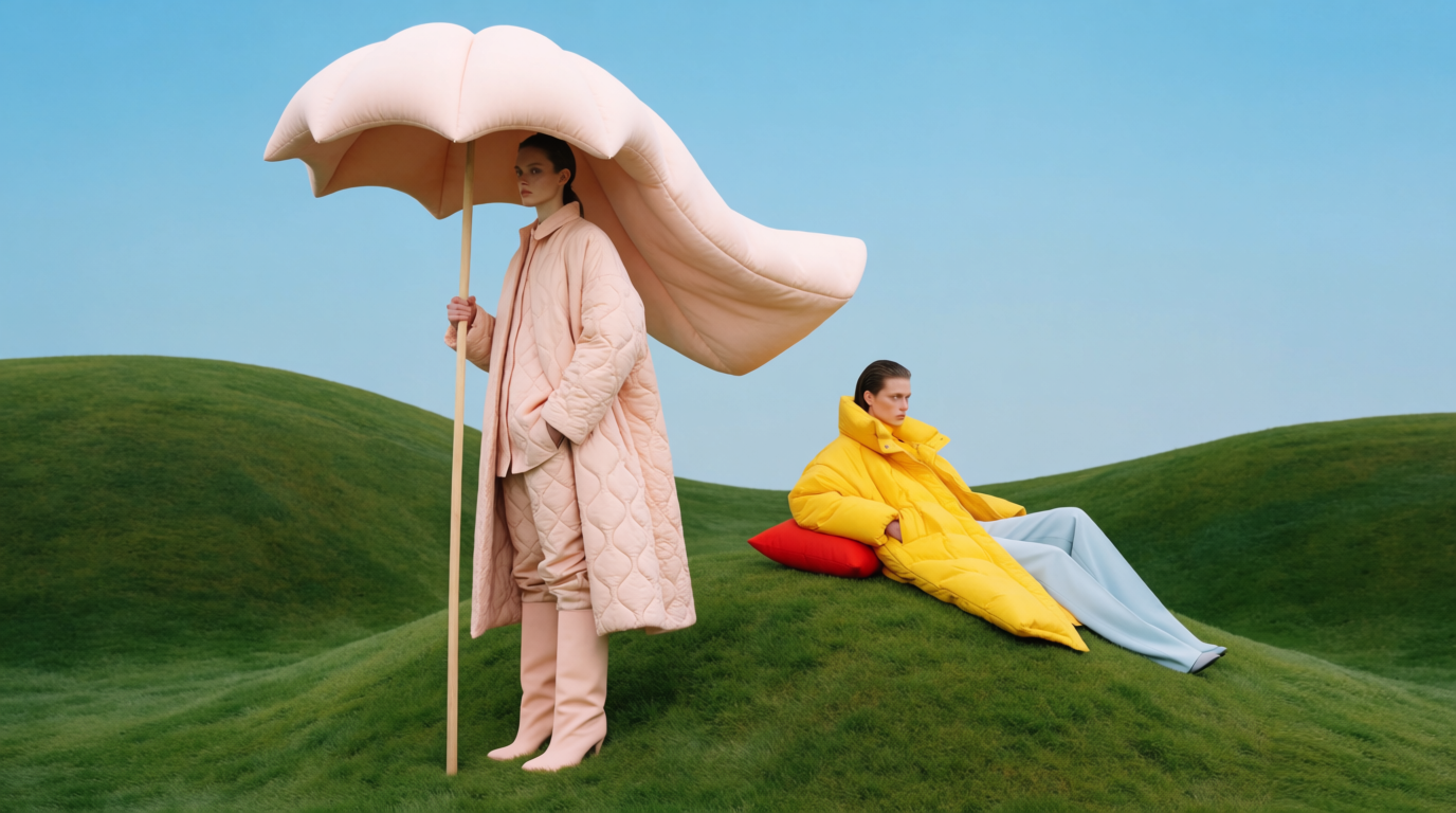 Surreal high-fashion editorial scene on smooth rolling green hills, standing model dressed in a pastel blush oversized quilted outfit with tall boots, carrying a long wooden staff topped with a giant flowing pink padded umbrella hat.