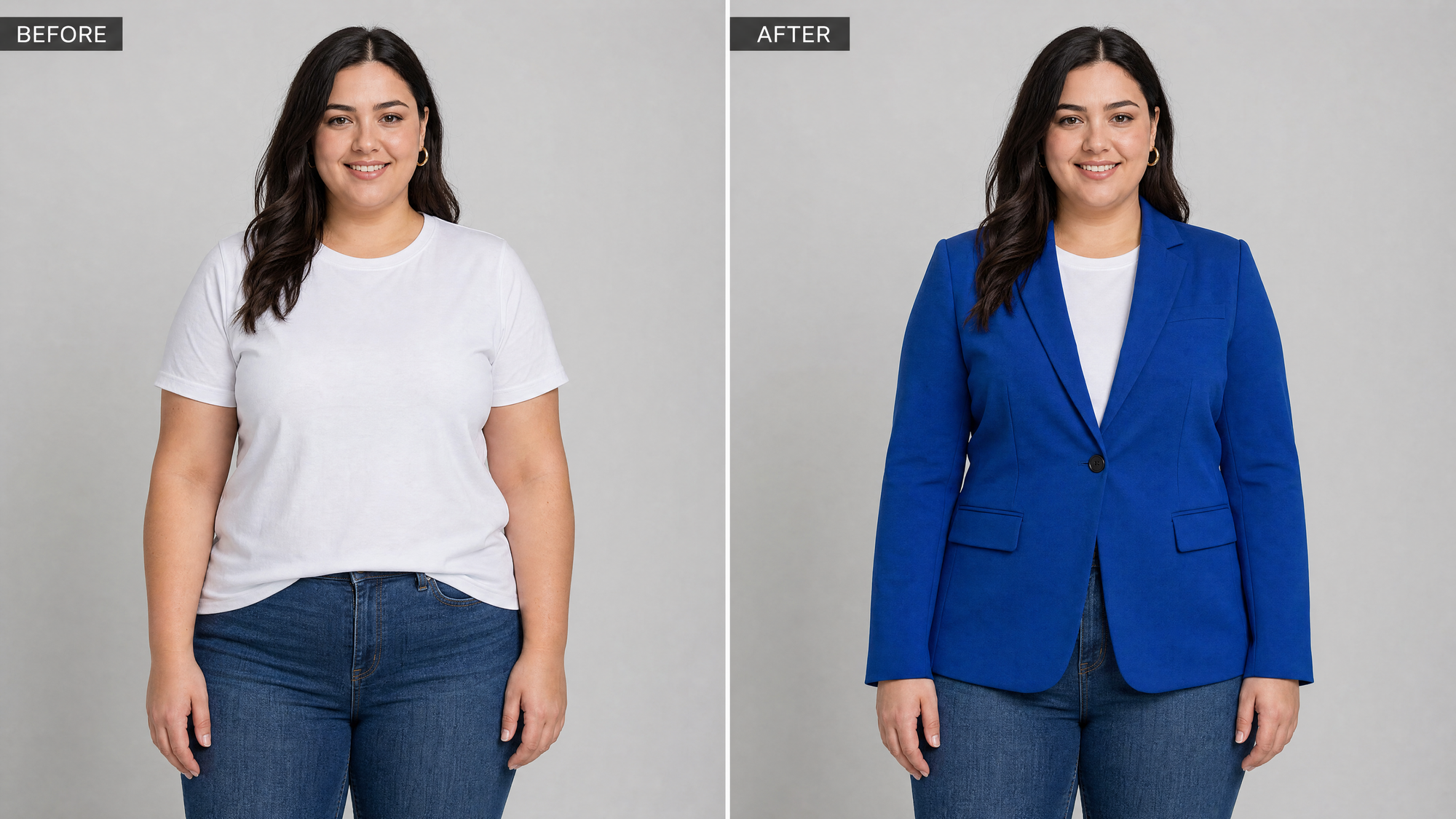 Before and after virtual try-on: a woman in a white t-shirt, then the same woman wearing a blue blazer with identical face and pose.