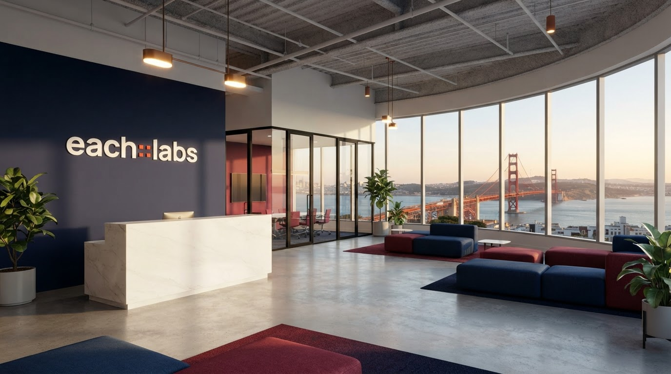 A modern, stylish tech office branded for "each::labs", using the provided each::labs logo and brand colors, with floor-to-ceiling windows overlooking San Francisco and the Golden Gate Bridge.