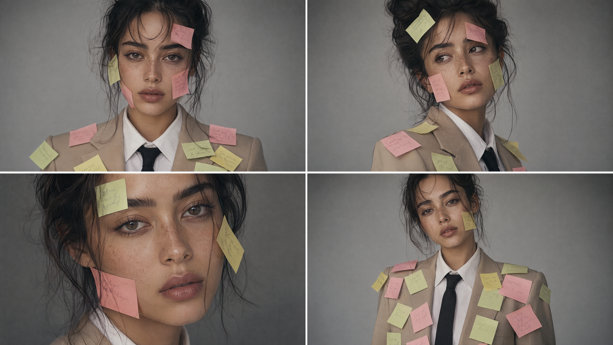Four angles of one office themed portrait from a single prompt, notes and all.