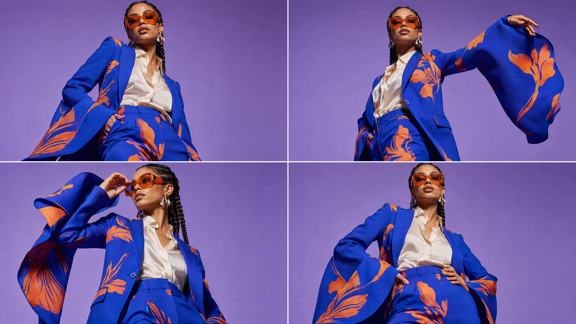 Four studio poses of the same model in a cobalt blue burnt-orange floral suit against a lavender backdrop, all generated in one Flint Image prompt.