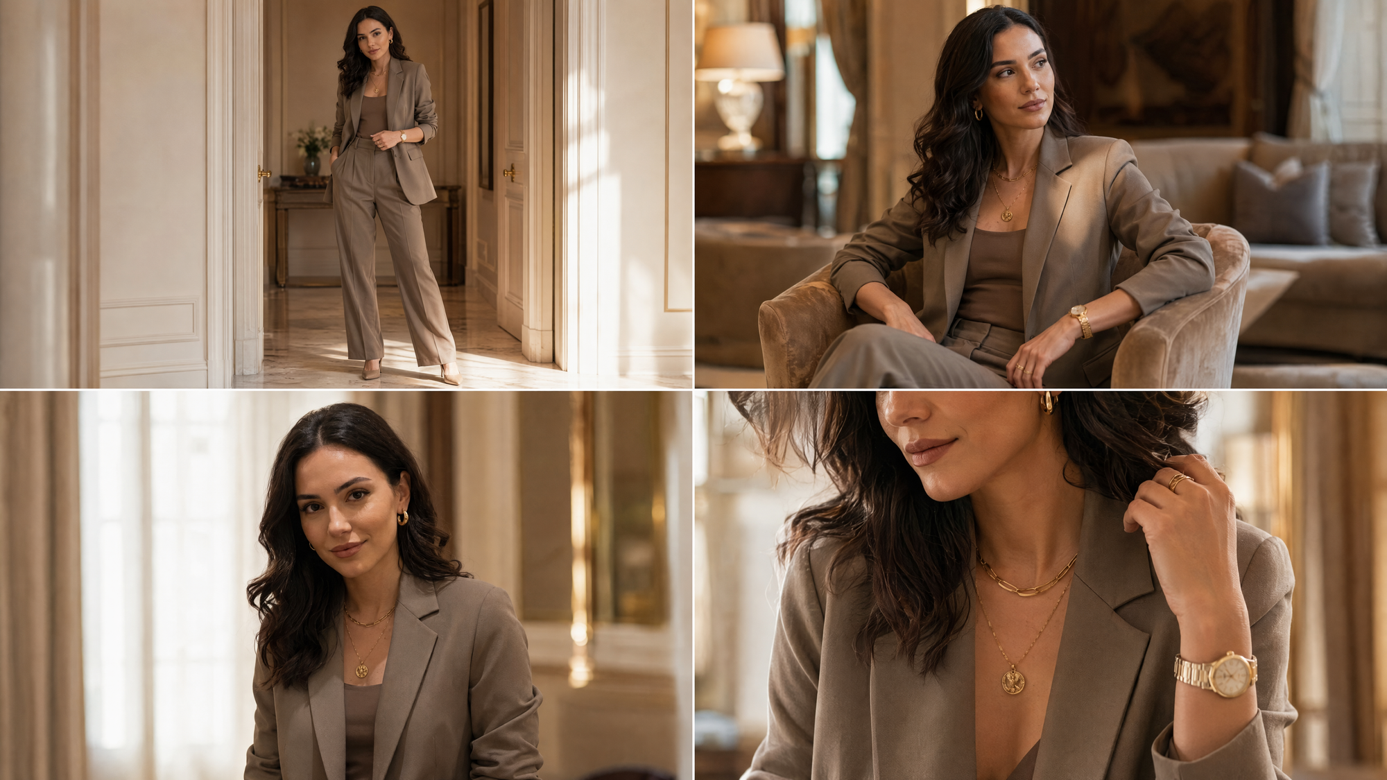 The same model in four editorial frames: full body, seated, portrait, and detail.