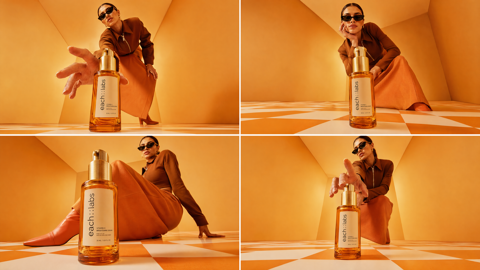A high-fashion beauty campaign for the each::labs Vitamin C Brightening Serum: a model in warm brown and orange styling posed in a minimalist orange room with a checkered floor, shown in four takes from a single Flint Image generation.