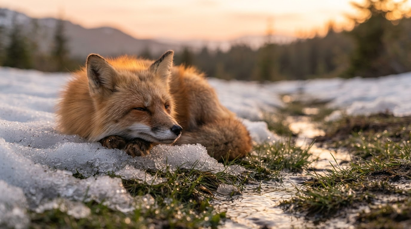 A red fox resting contentedly on patchy melting snow at sunset.