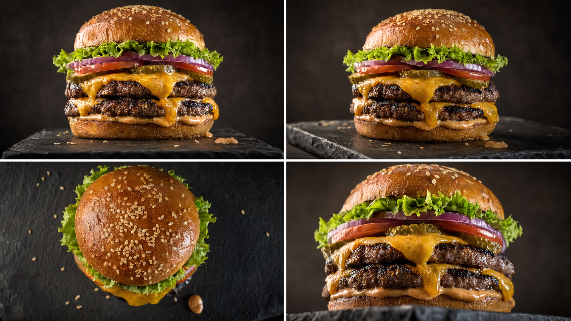 Four angles of one burger from a single prompt, ready to pick the hero shot.