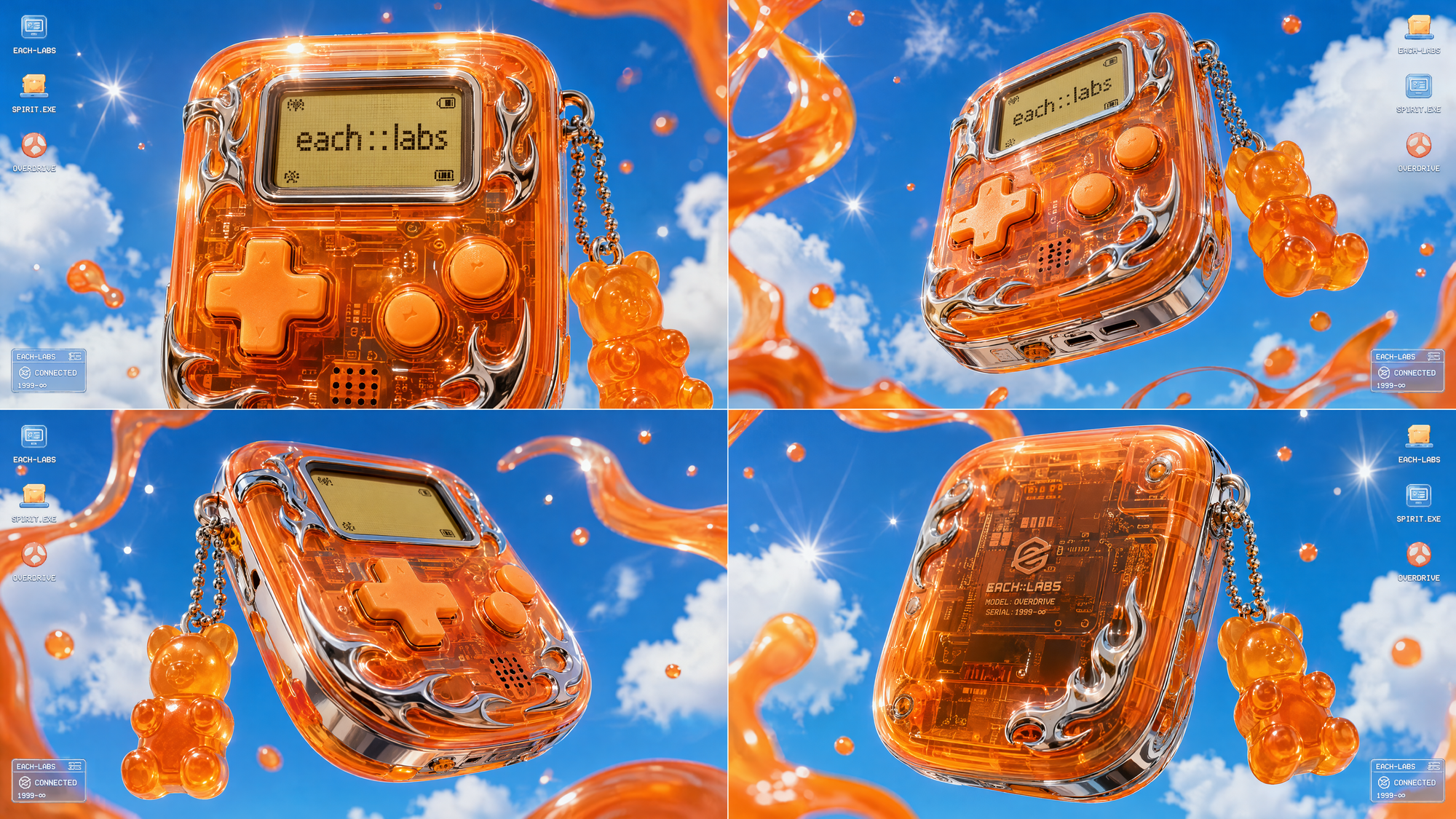 A Y2K-style product render of a translucent orange each::labs handheld device with chrome accents and a glowing "each::labs" screen, floating in a bright sky with swirling orange liquid. Four angles, all from a single Flint Image generation.