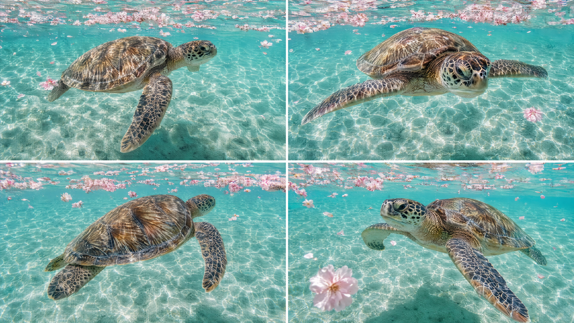 A green sea turtle gliding through crystal-clear turquoise shallows, with pink cherry blossoms drifting on the sunlit surface and caustic light rippling over the sandy seabed. Four takes from a single Flint Image generation.