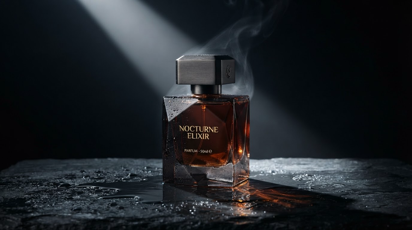 A moody 'Nocturne Elixir' perfume shot: wet stone, drifting mist, sharp reflections, and legible label text, all from one prompt.