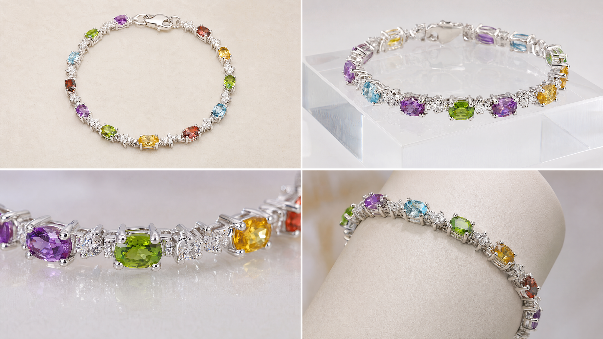 Four angles of the same bracelet: top down, three quarter, macro, and on the wrist.