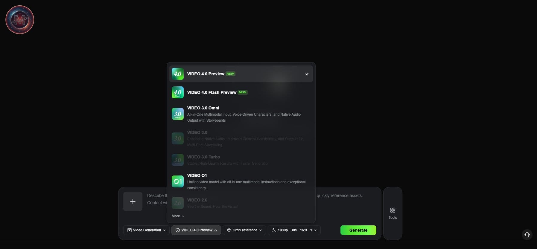 We took this from @koltregaskes. The leaked menu lists VIDEO 4.0 Preview and VIDEO 4.0 Flash Preview, with 1080p, 30s and 16:9 in the settings bar.