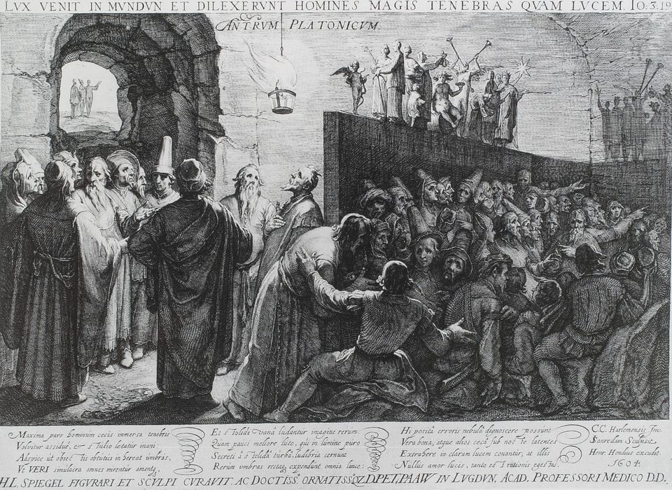 A 17th-century engraving of figures in a dark cave looking at shadows on a wall