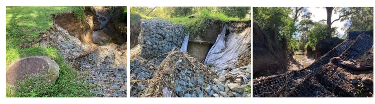A portion of Cabbage Tree Creek, where heavy rain in 2024 destroyed recently installed infrastructure designed to protect a sewage pipe. Images by Ruth Garland.  