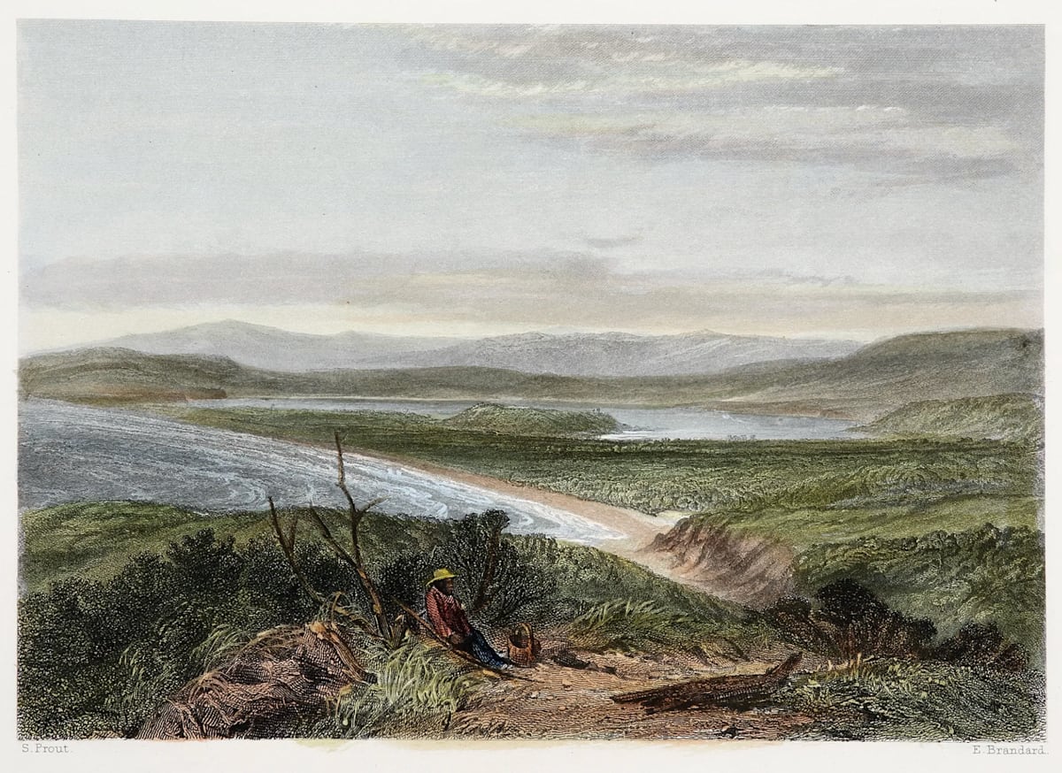 This image shows a hand-coloured engraving made by John Skinner Prout in the 1840s (and coloured in the 1870s). Lakes and lagoons are a feature of the NSW coastline, and some, such as Lake Illawarra, have not yet been extensively developed, although some development and modification has occurred. Others, such as Tom Thumb Lagoon, which was very important to First Nations peoples in the Illawarra, have been transformed or destroyed by industrial or residential development.  