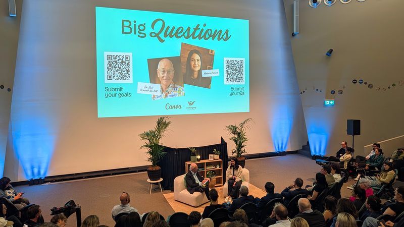 Canva co-founder Melanie Perkins and Dr Karl speaking at Big Questions at the University of Wollongong.