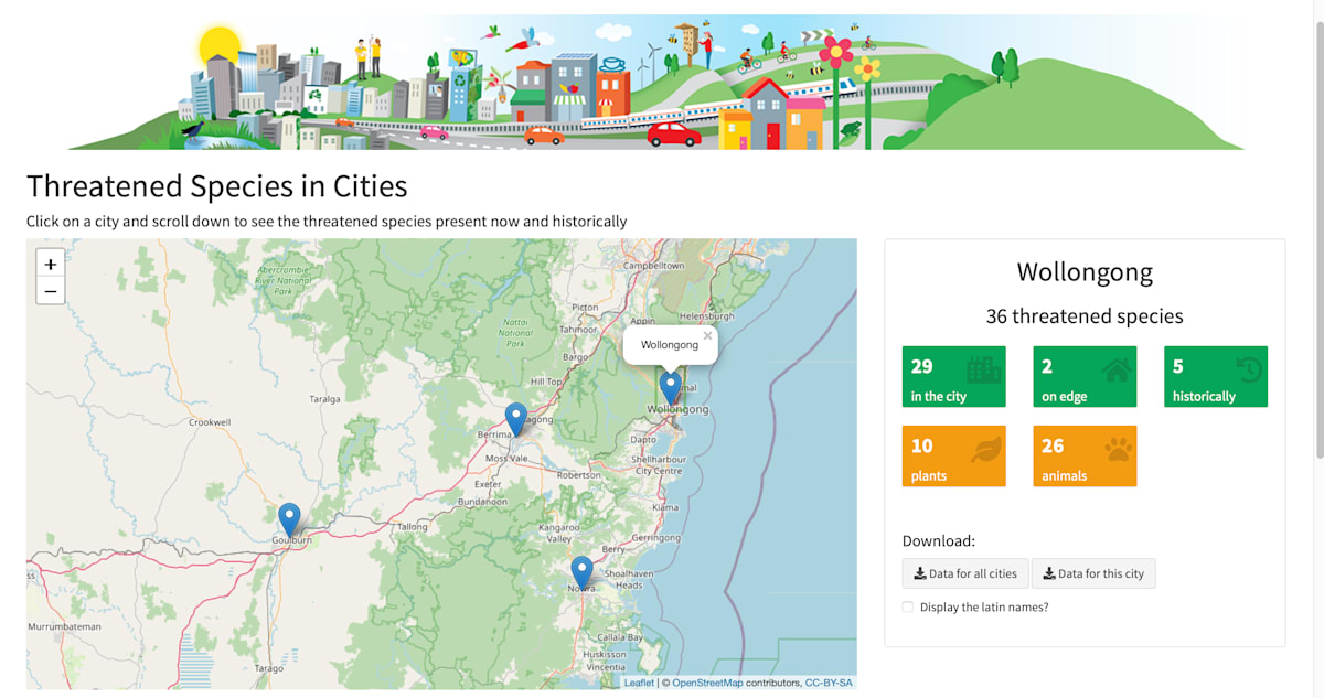 The Threatened Species in Cities Project identifies threatened species that occur in cities around Australia. The data displayed was collected by Lentini, P.E and Soanes, K (2020) Threatened species in Australian cities database. Prepared for the Clean Air and Urban Landscapes Hub and Threatened Species Recovery Hub of the National Environmental Science Program. The University of Melbourne. Dataset. https://doi.org/10.26188/12768434.v1. The public web interface for the project is at: https://threatenedspeciesincities.org