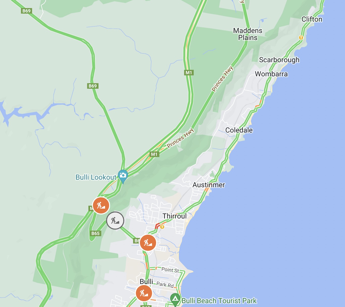 Nightwork on Lawrence Hargrave Drive at Austinmer and Clifton