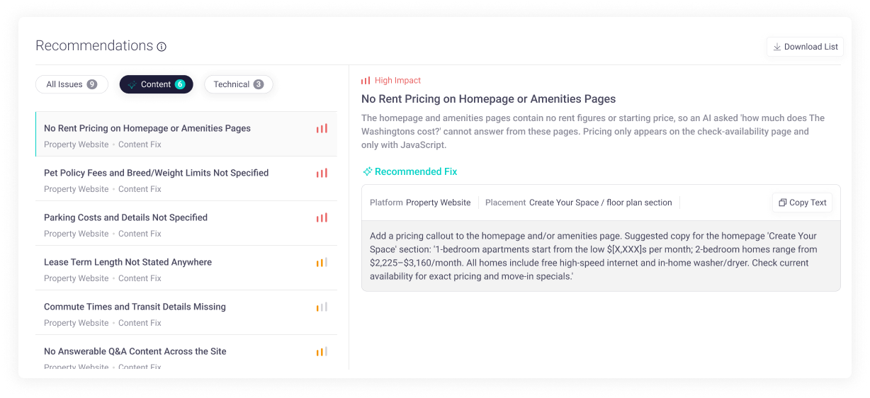Peek Discover content recommendations showing ready-to-paste website copy for a multifamily community