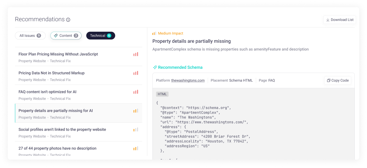 Peek Discover technical recommendations with schema markup to forward to a web team