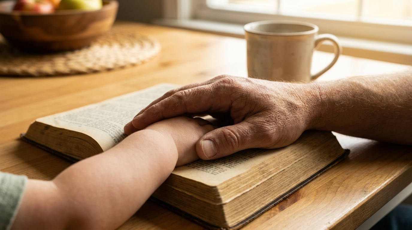 A parent's hand and a child's hand resting together on an open Bible at a kitchen table