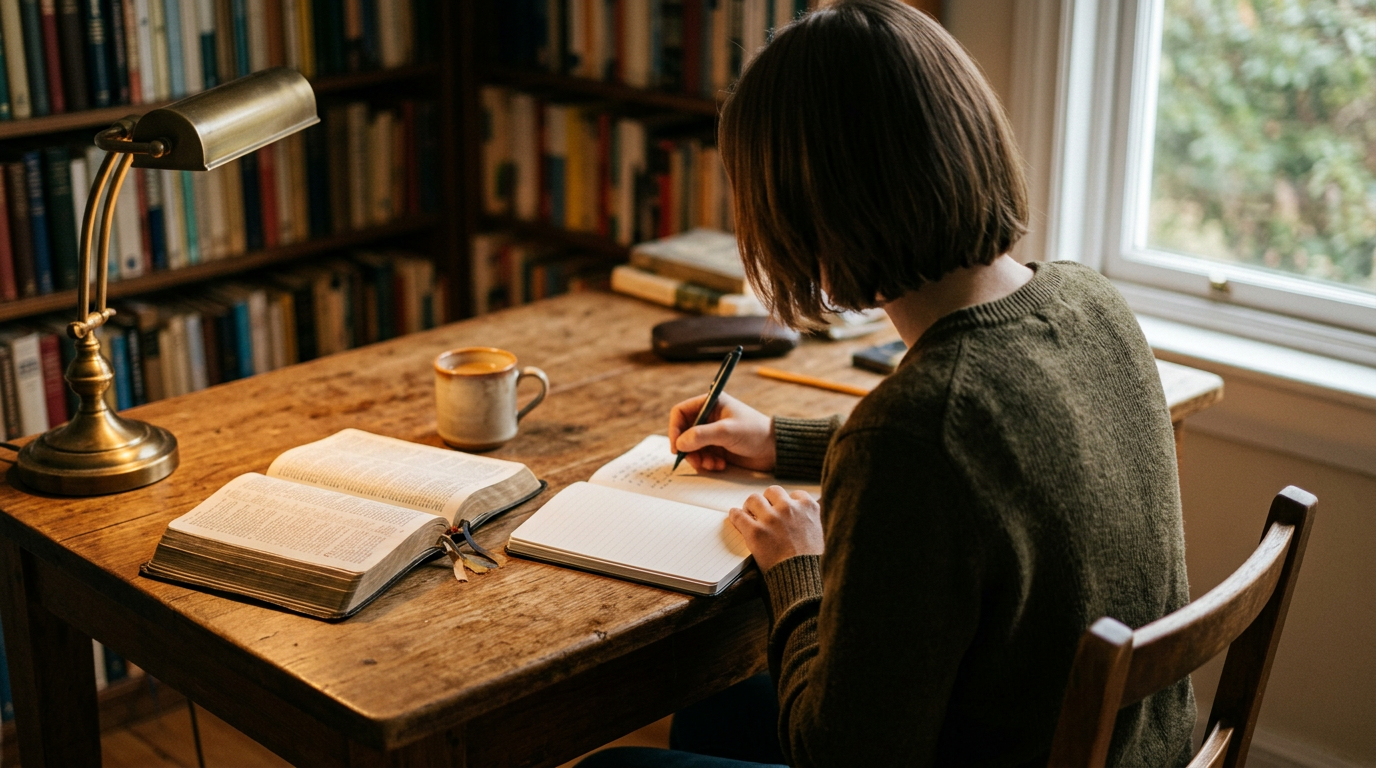 A person seated at a wooden desk writing sermon notes beside an open Bible in warm lamp light