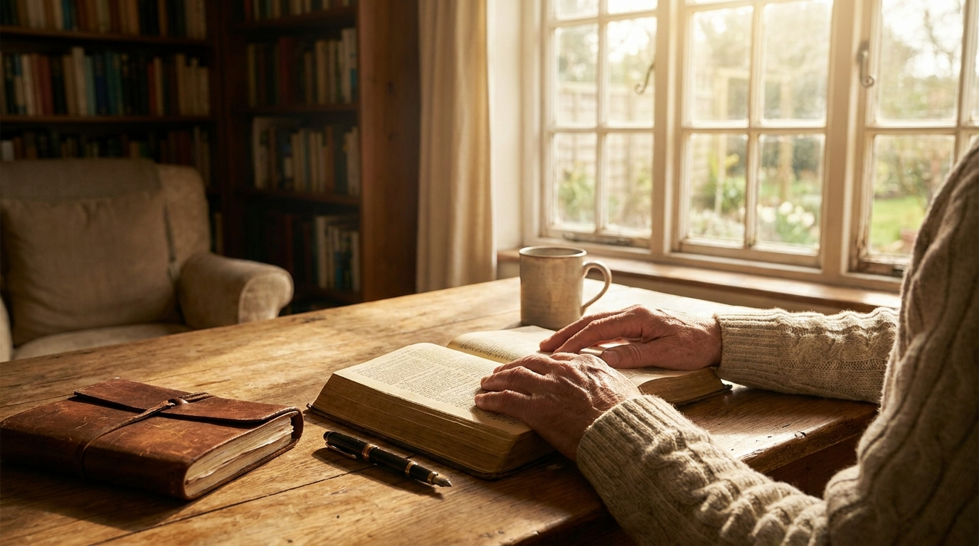An open Bible and journal on a wooden desk in warm morning light