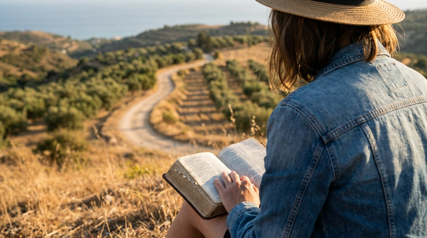Open Bible resting on a reader's knees on a hillside at golden hour overlooking olive trees