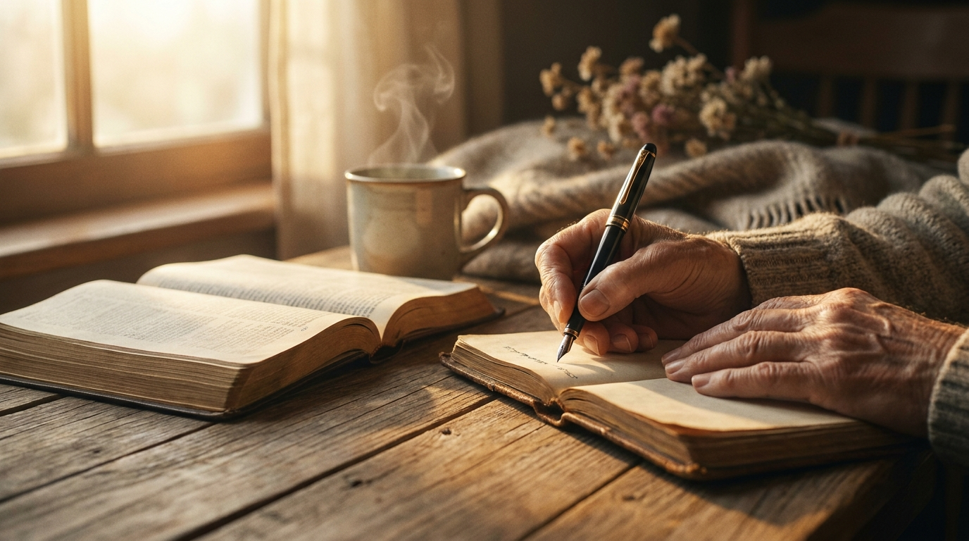 Hands writing in an open journal beside an open Bible and a cup of tea in warm morning light
