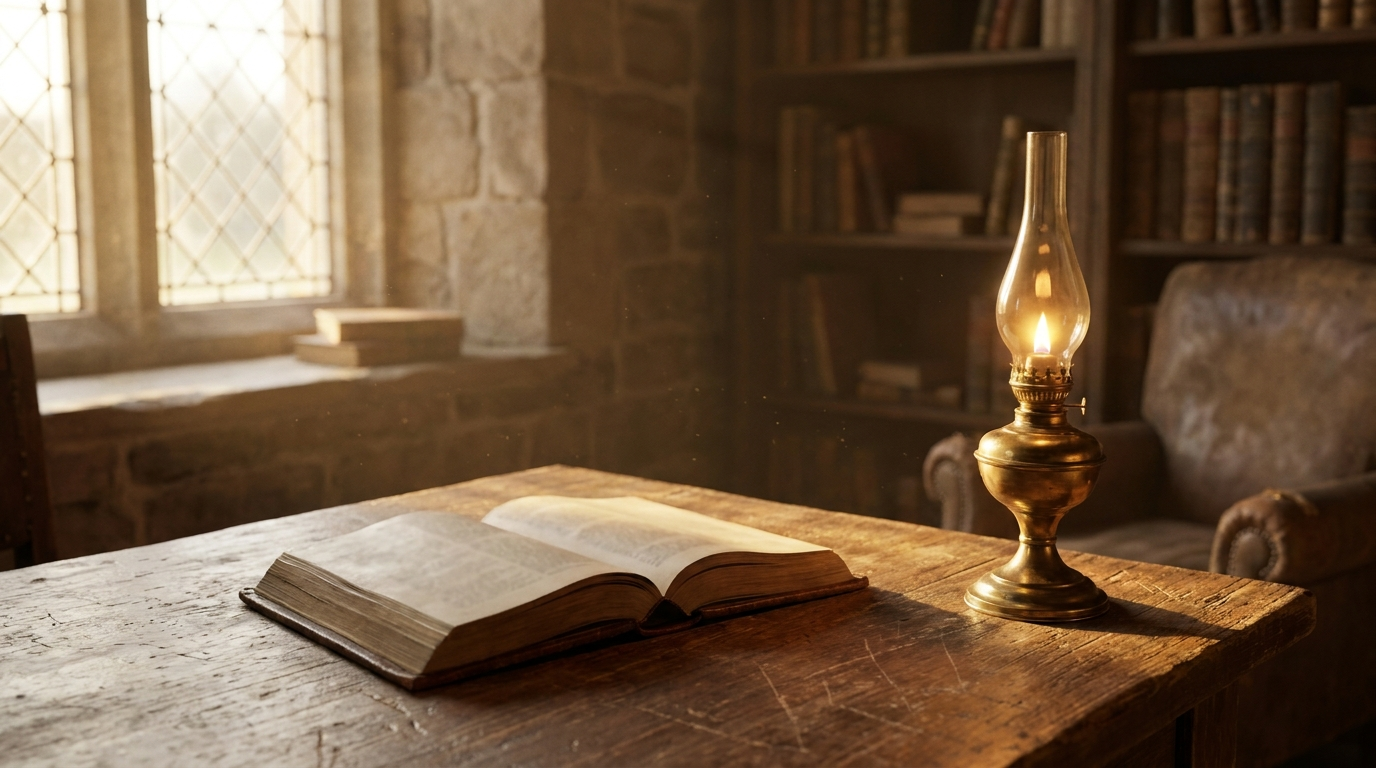 An open Bible on a wooden table beside a lit oil lamp in warm morning light