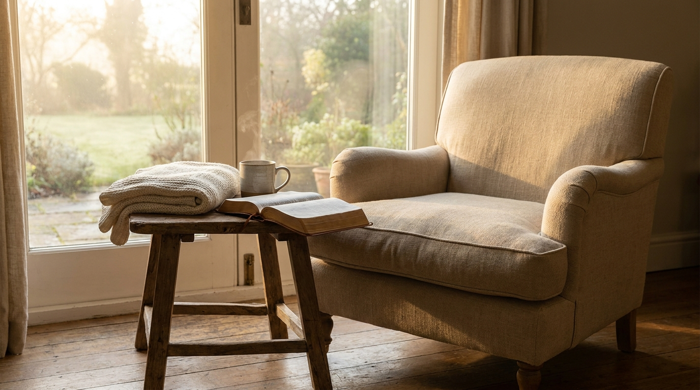 Armchair beside a window with an open Bible and a mug in golden morning light