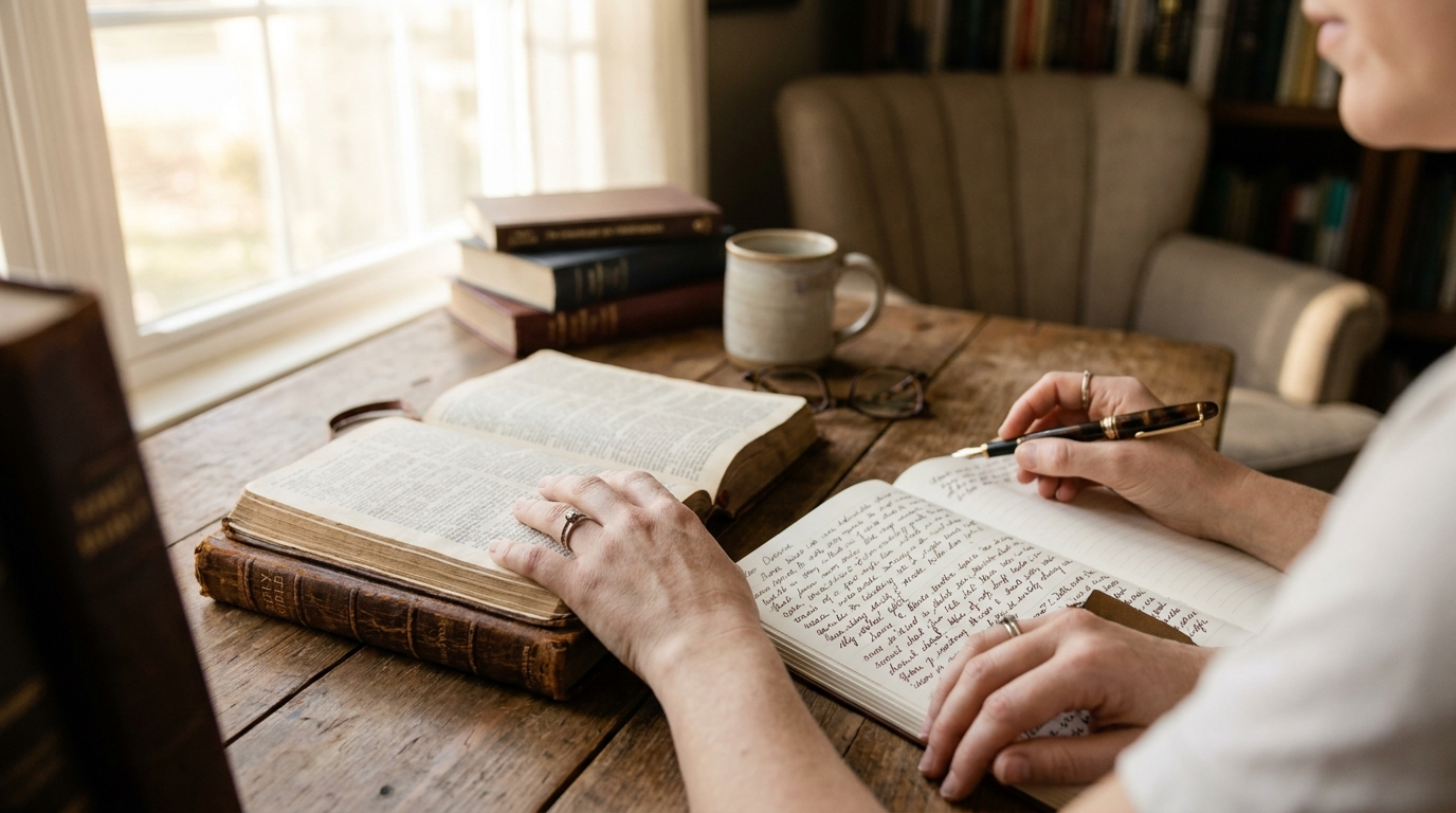 Hands resting on an open Bible beside a journal in warm morning light