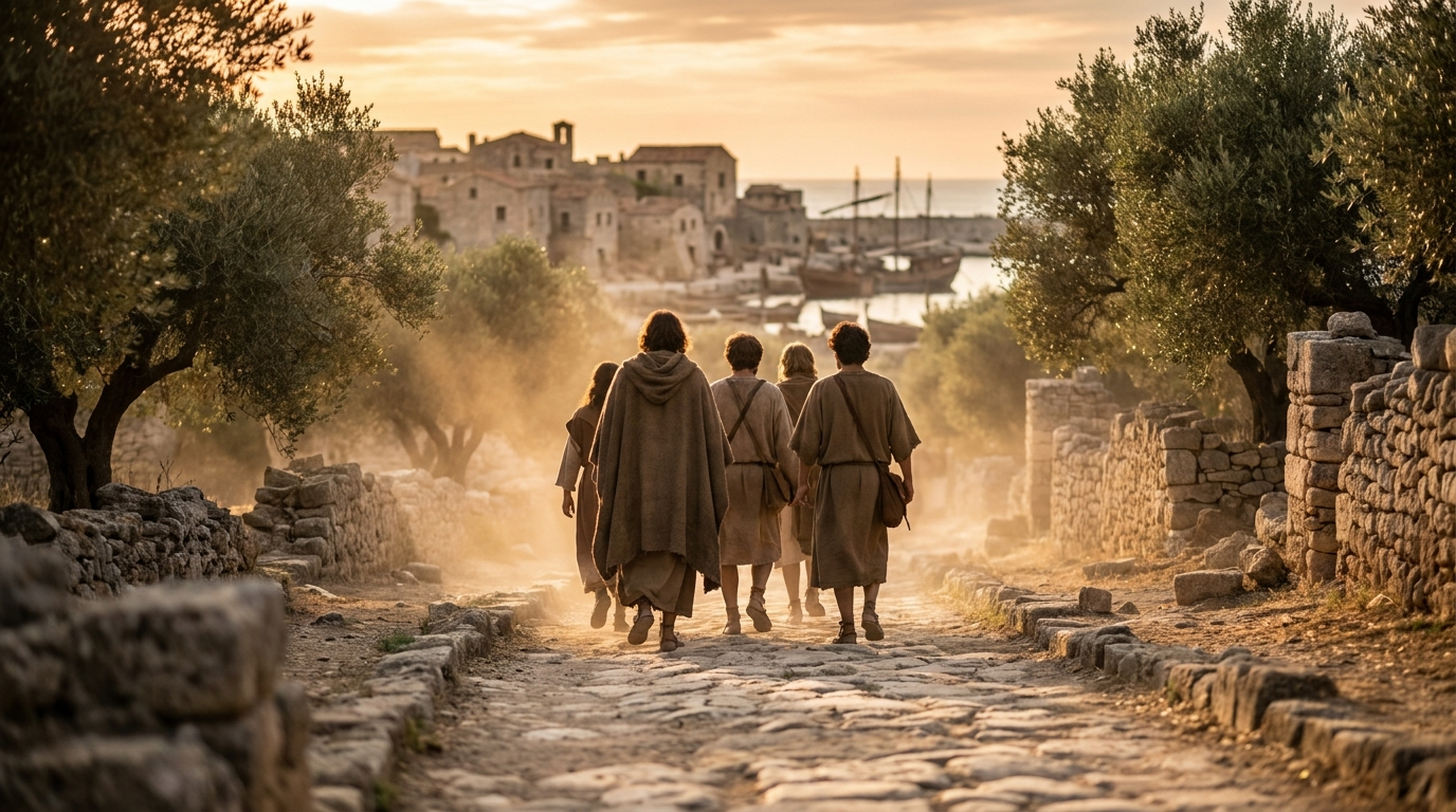 Golden-hour light on an ancient stone road leading toward a harbor town