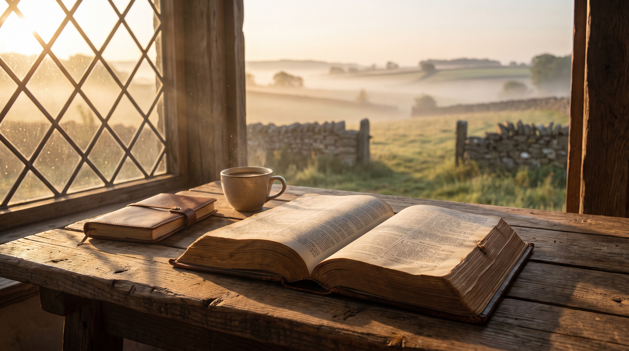 Open Bible on a wooden table beside a window in warm morning light