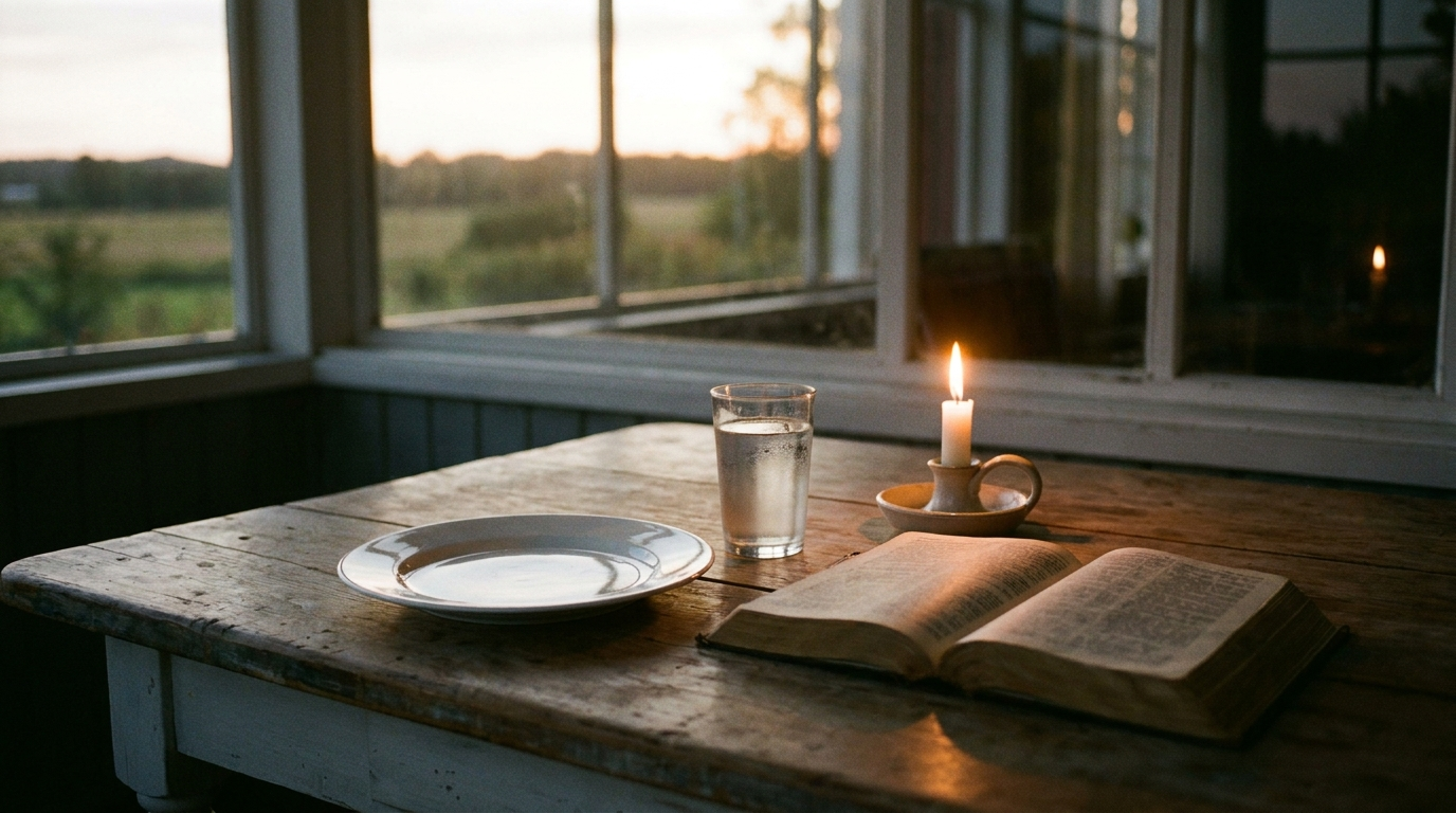 Wooden table at dusk with an empty plate, glass of water, and open Bible in warm candlelight