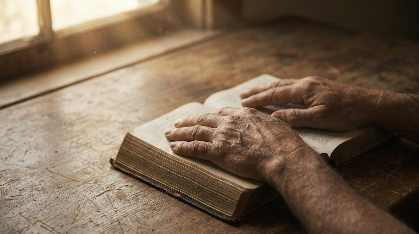 Open hands resting on a worn leather Bible in warm morning light