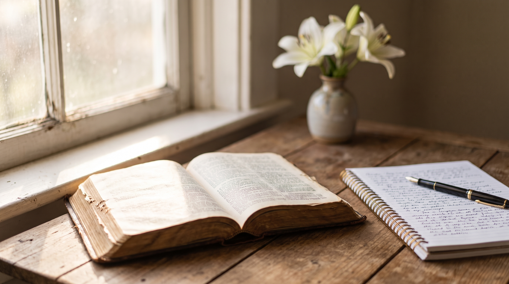 Open well-worn Bible beside handwritten notes on a wooden desk in soft morning light with white lilies in the background