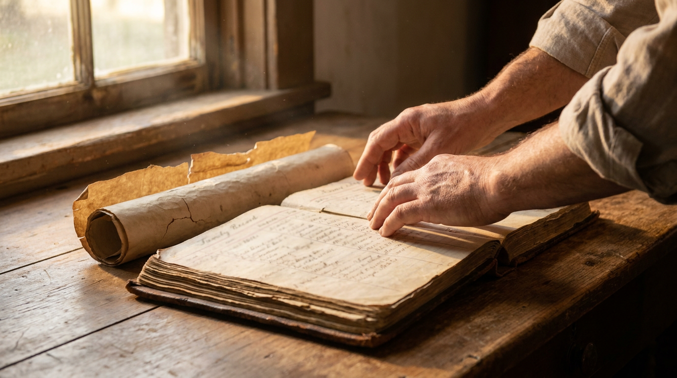 Hands tracing a column of handwritten names in an old family record book on a wooden table in warm morning light
