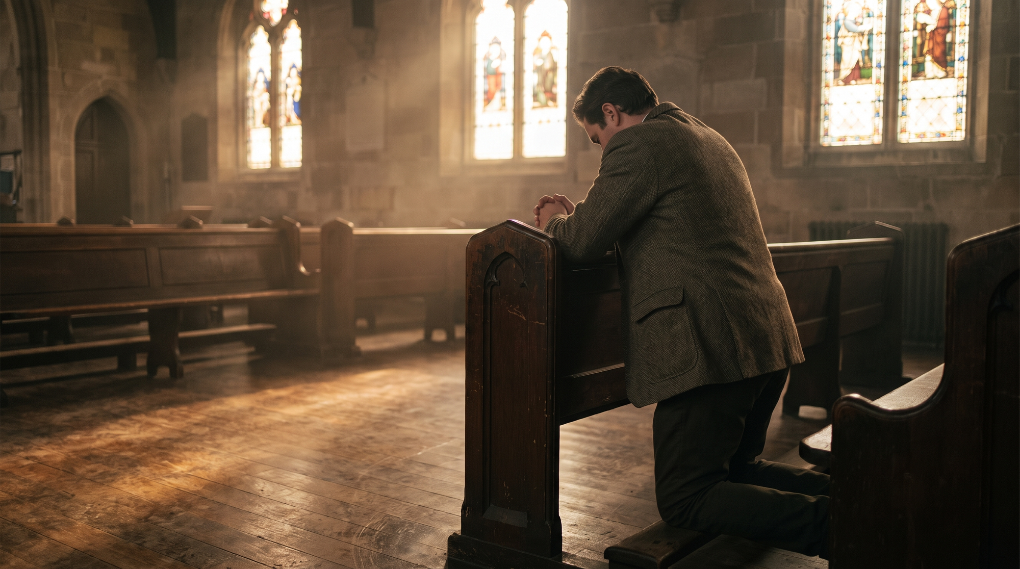 Person kneeling in prayer at a wooden church pew in warm afternoon light