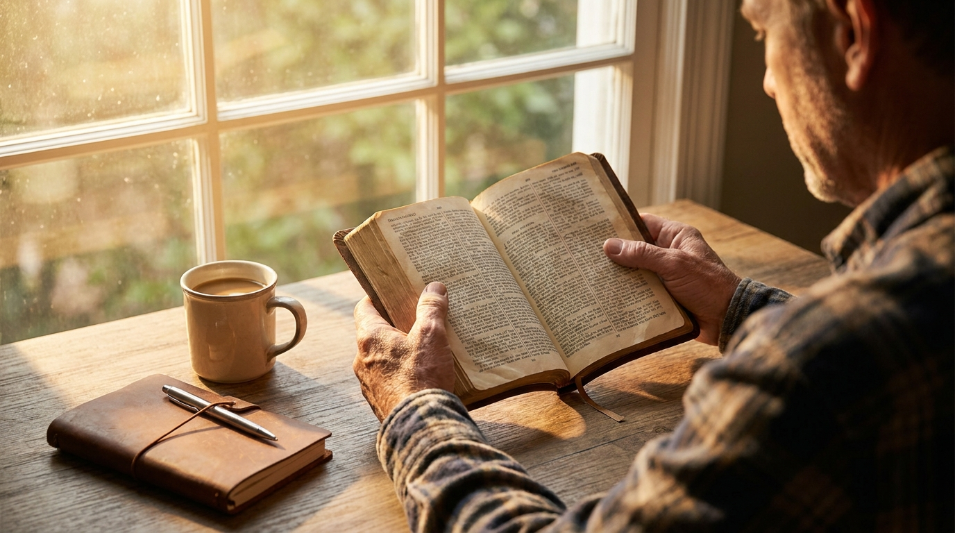 Hands holding an open Bible at a wooden desk in warm morning light