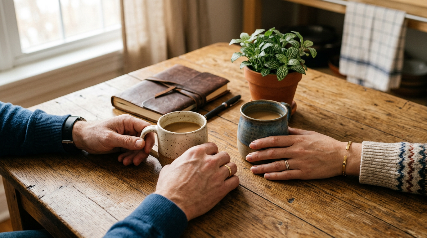 Two coffee mugs and a closed leather book on a wooden kitchen table in warm morning light