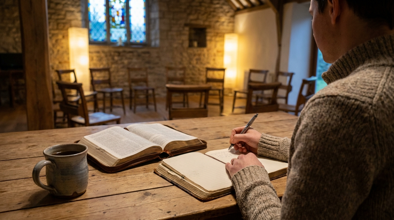 A notebook and open Bible on a table beside a circle of empty chairs in a church room
