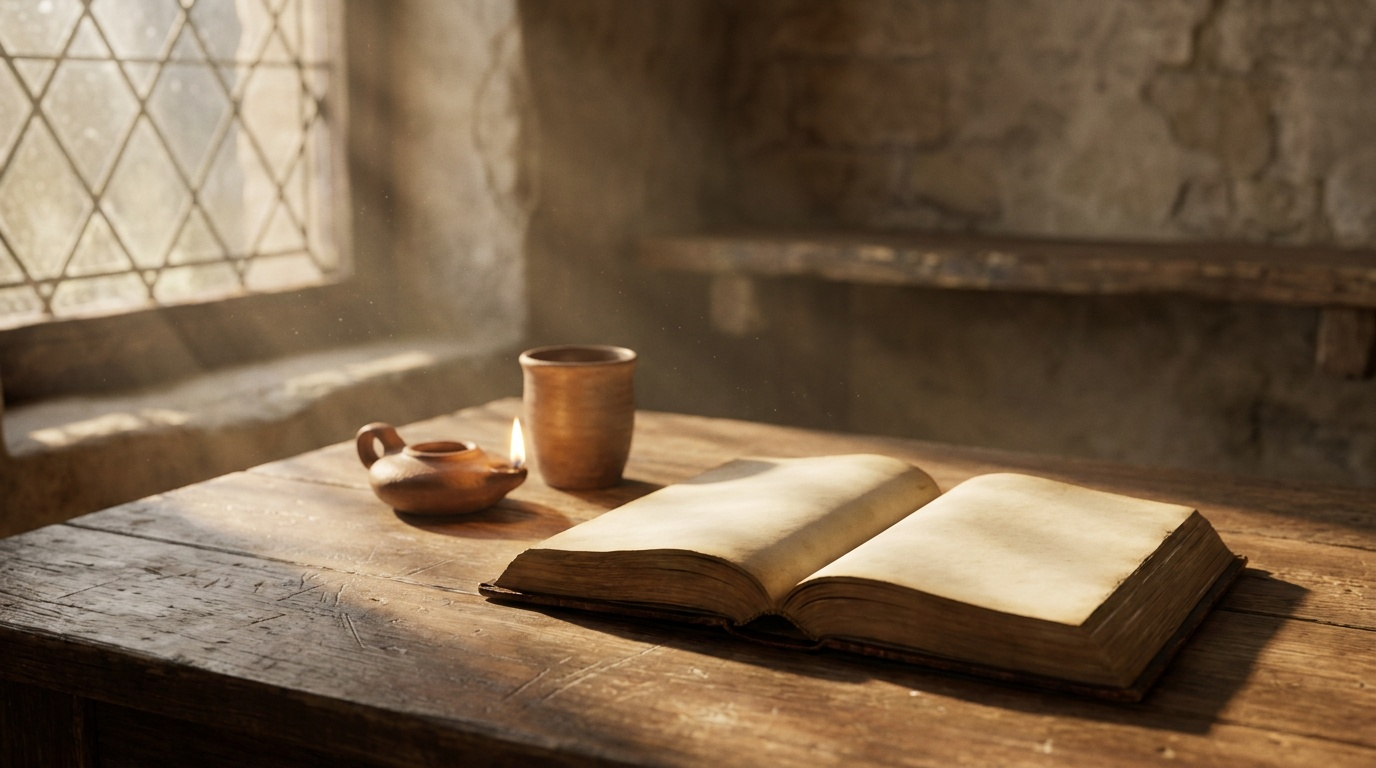 An open Bible and a clay oil lamp on a wooden table in warm morning light