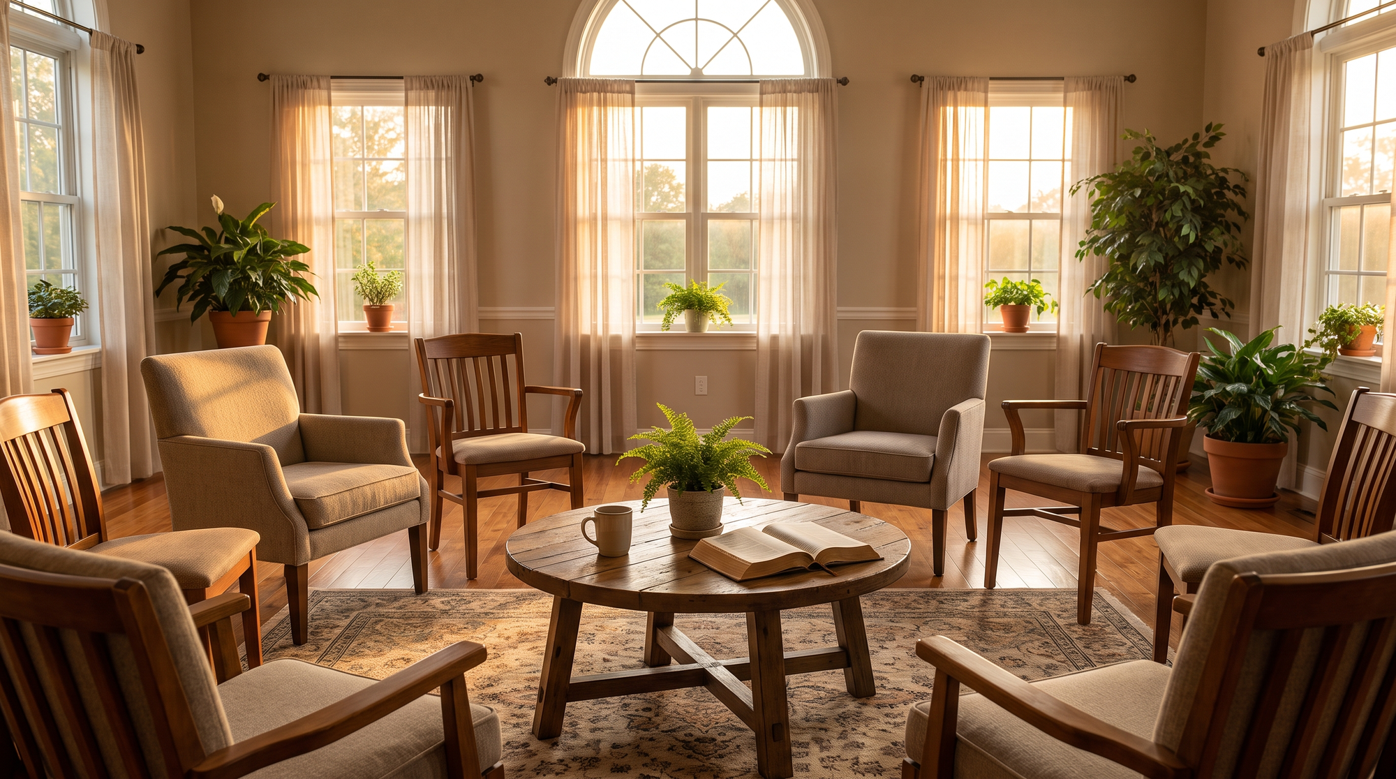 A welcoming church fellowship room with a circle of chairs in warm afternoon light