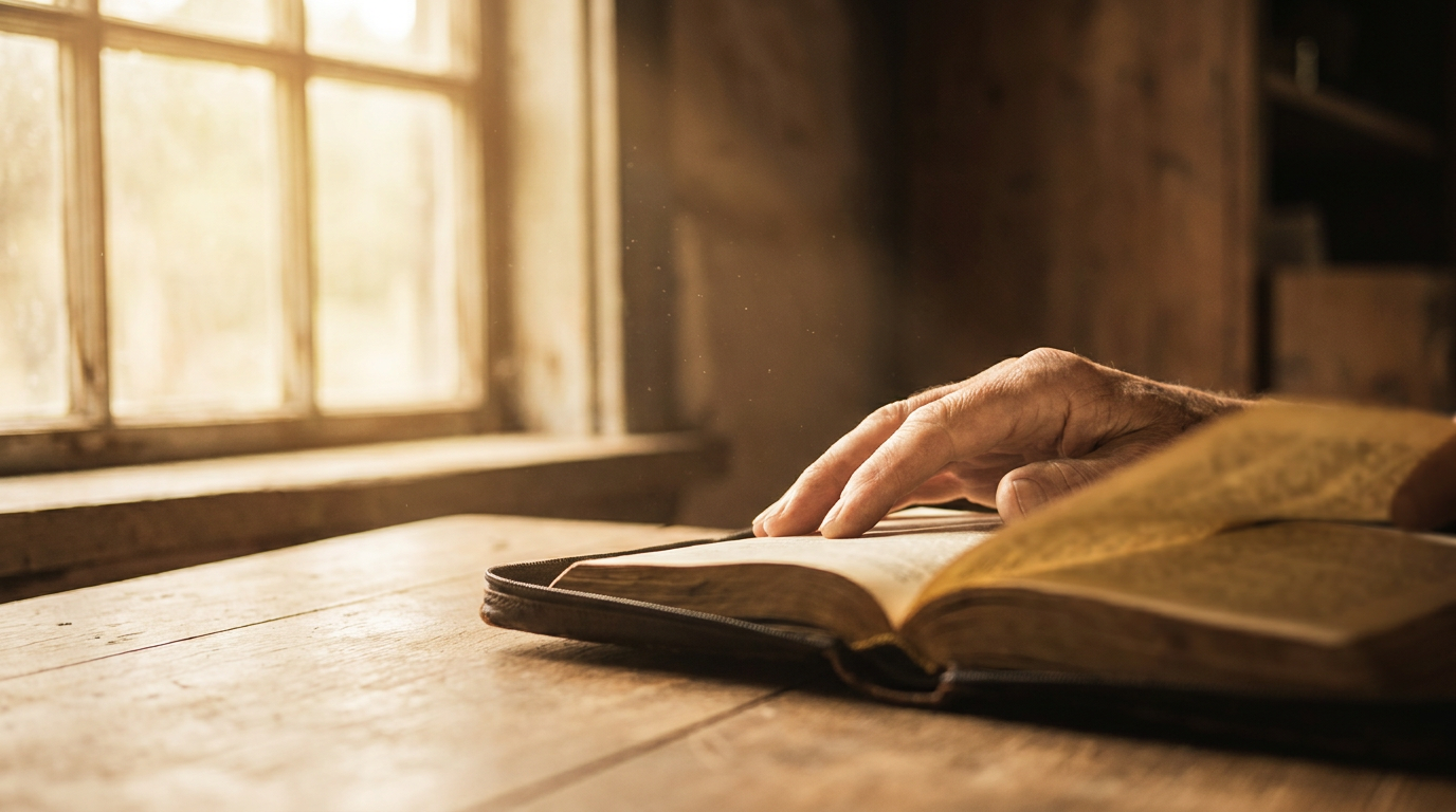 Warm morning light falling across an open Bible on a wooden desk