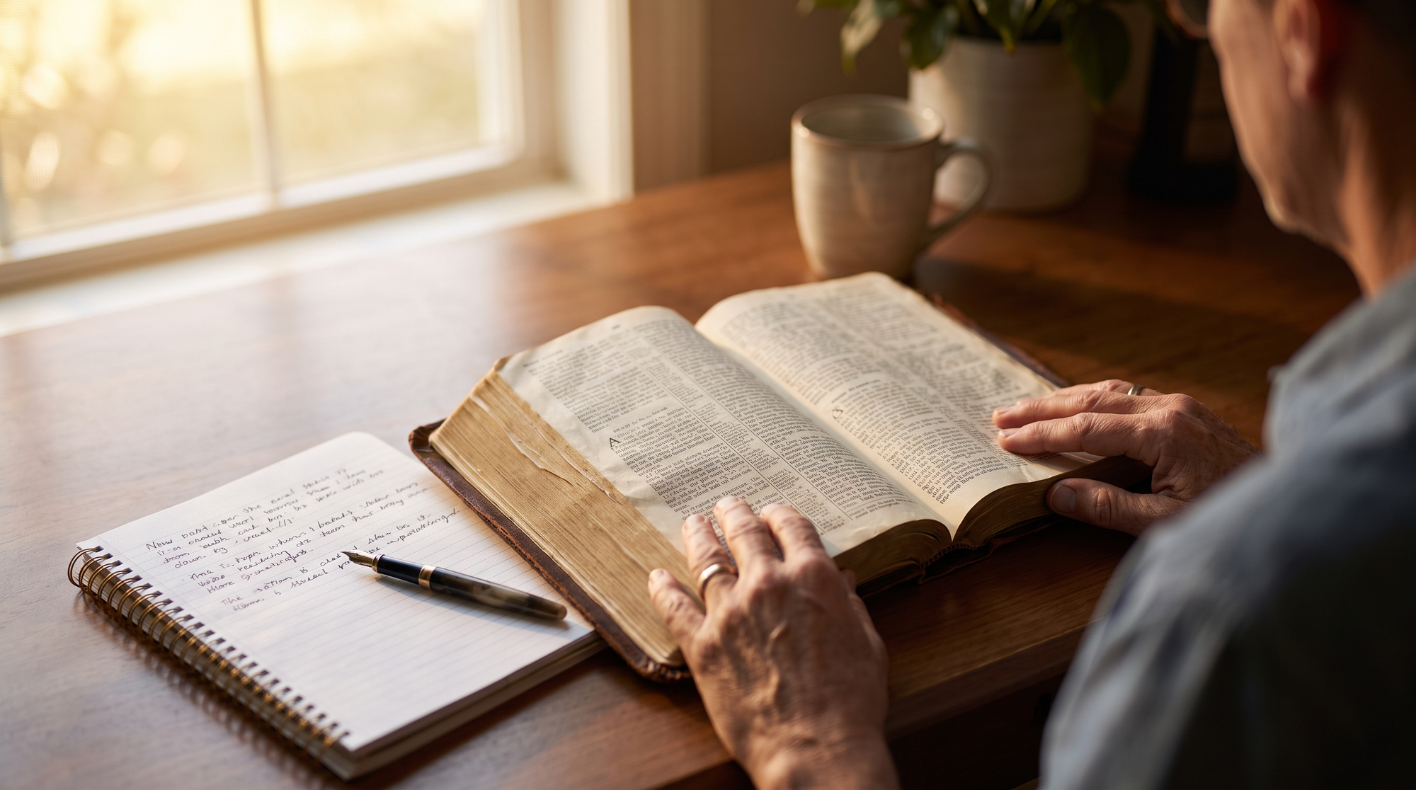 An open Bible and a notebook on a wooden desk in warm morning light