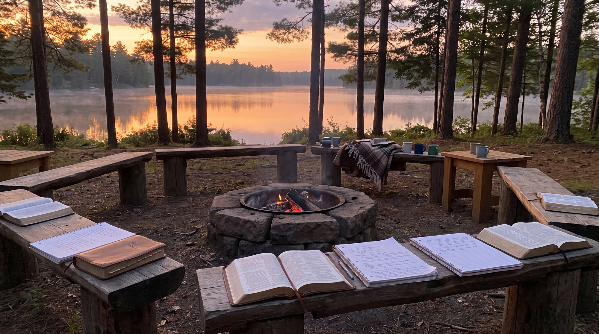 Lakeside retreat gathering space with open Bibles and notebooks on wooden benches at golden hour