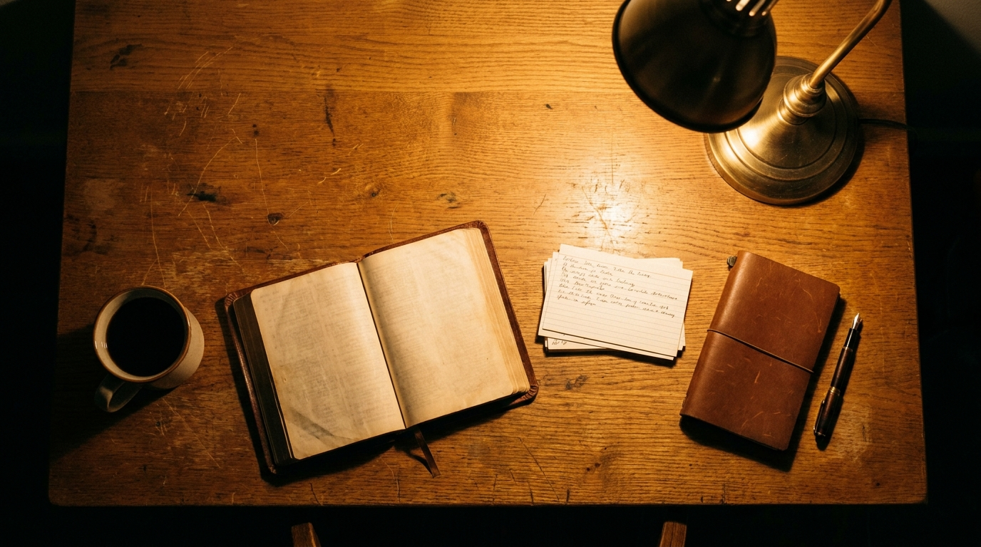 A study desk with an open Bible, index cards, and a warm brass lamp