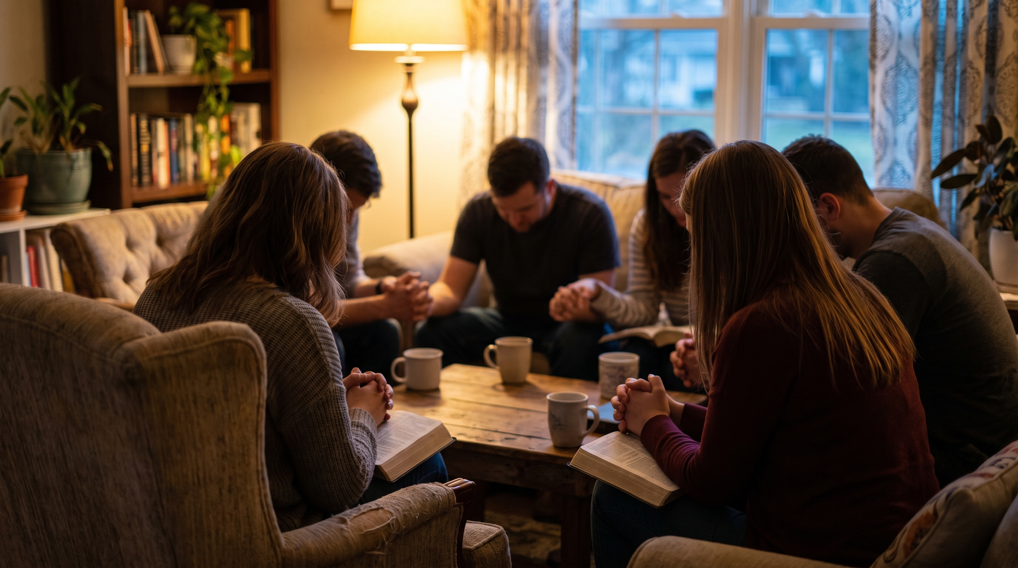 Small group seen from behind, seated in a circle with heads bowed in prayer in a warm living room