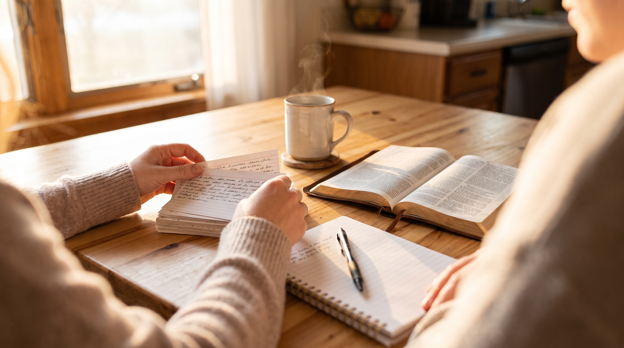 Hands arranging handwritten index cards beside an open Bible and notebook in warm morning light