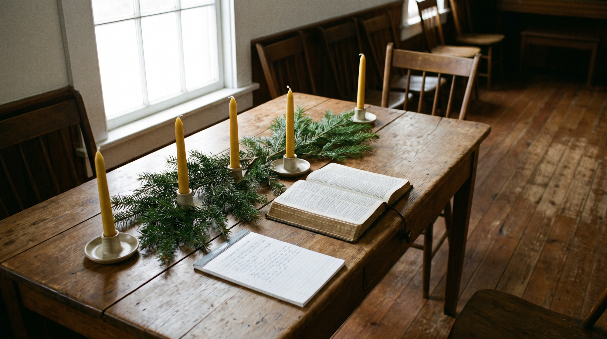 A wooden table set with four unlit candles, evergreen sprigs, an open Bible, and a handwritten reading list